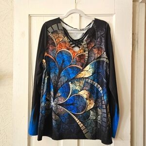 C.O.Z.Y Women’s Stained Glass Print Pullover Top, Crisscross Strap Detail, 3XL